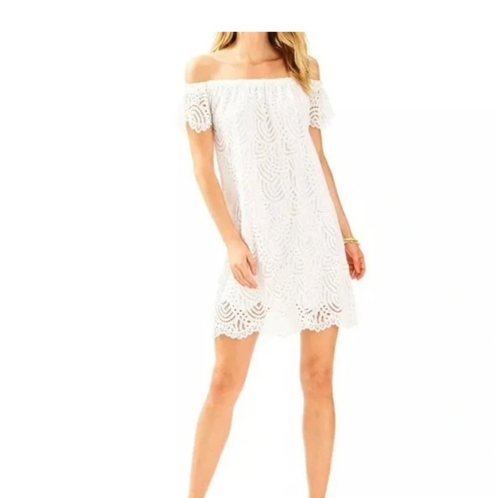 Lilly Pulitzer Jade Dress Women Small White Lace Off Shoulder Shift Scallop Hem